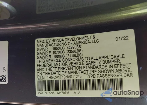 2022 Honda Accord Lx z USA, uszkodzony, nr VIN 1HGCV1F19NA011246